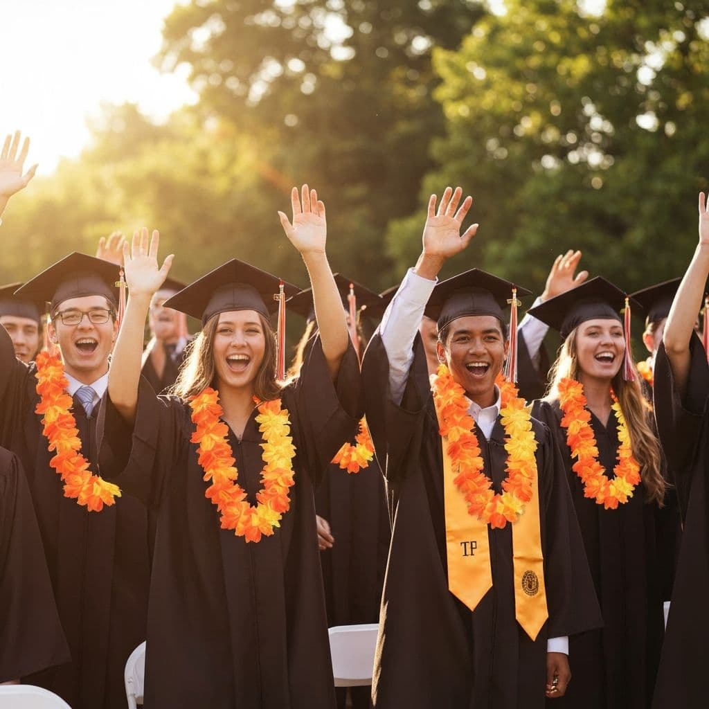 Graduates wearing Hawaiian leis